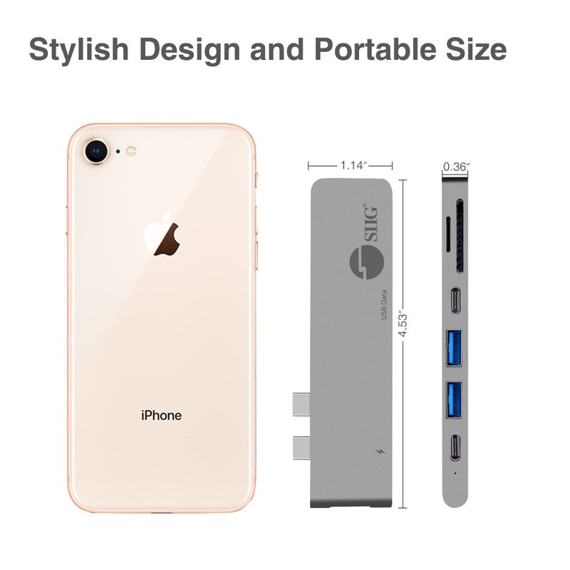 SIIG Thunderbolt 3, Aluminum USB Type C Hub with 4K @30Hz HDMI, SD/Micro SD Card Reader, 2 USB 3.1 Gen 1 Ports, PD Port for 2016/2017 MacBook 13" & 15" - Space Gray - Image 5